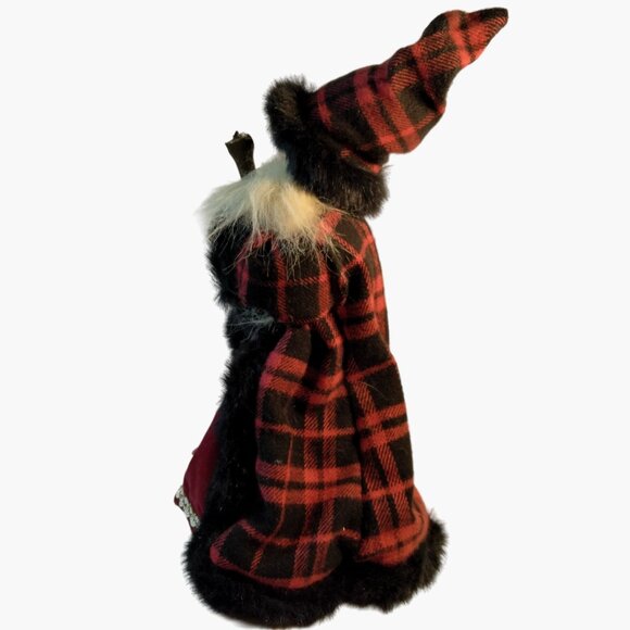 Santa Claus Figure Tree Topper Red Plaid Coat Faux Fur Brocade Trim Wood Scepter - Picture 7 of 9